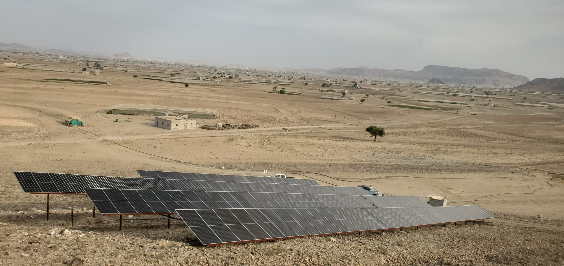 100KW Solar System consisting of 157 panels with a capacity of 635W per panel, a 75KW motor, and a 63W pump. Well depth: 550M. Al-Jahraan District - Al-Koula Village - Dhamar - Yemen.