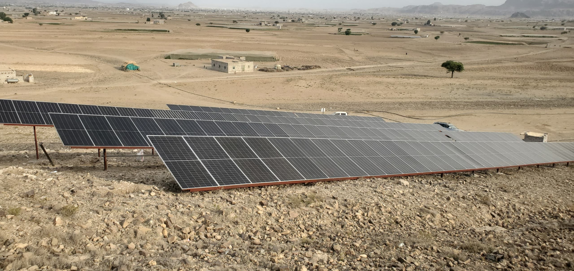 100KW Solar System consisting of 157 panels with a capacity of 635W per panel, a 75KW motor, and a 63W pump. Well depth: 550M. Al-Jahraan District - Al-Koula Village - Dhamar - Yemen.
